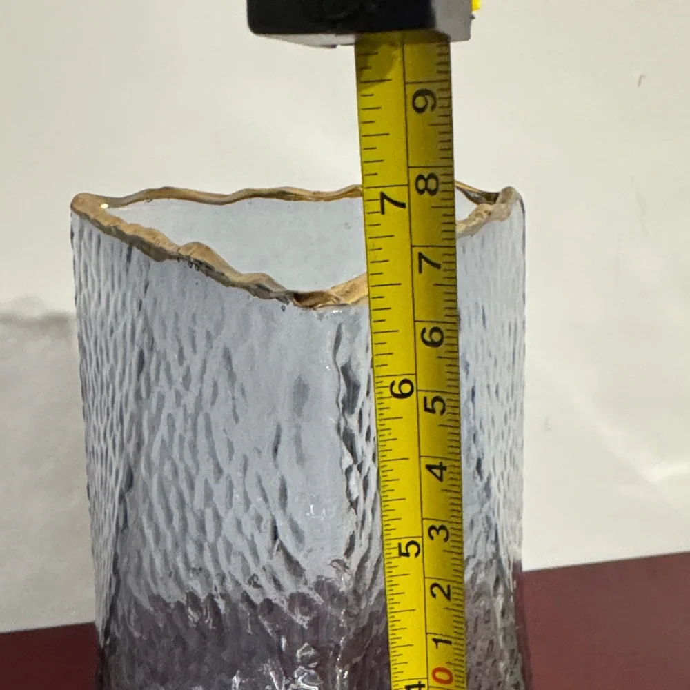 Nordic Hammered Gray Glass Vase Gold Rim 6.5” Tall 5.25